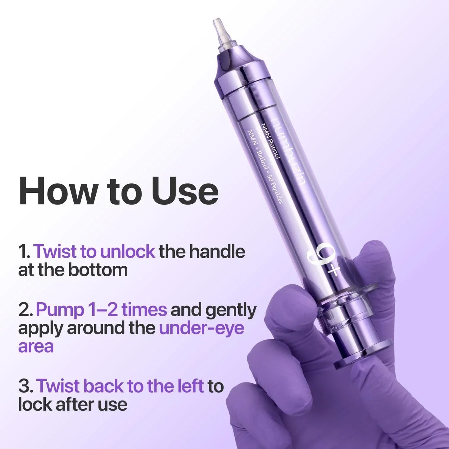 Purple syringe-style skincare applicator with gloved hand and under-eye use instructions.
