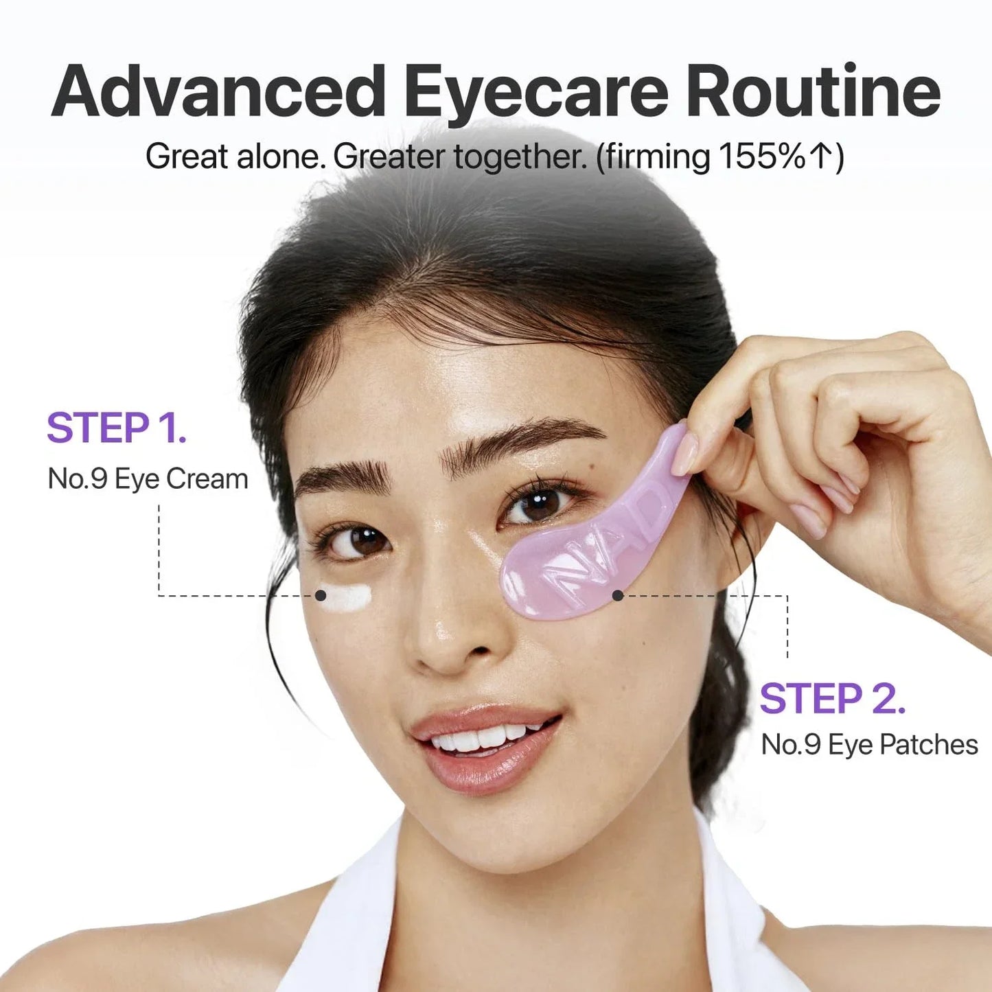 Woman demonstrating No.9 eye cream and No.9 eye patches for advanced eyecare routine