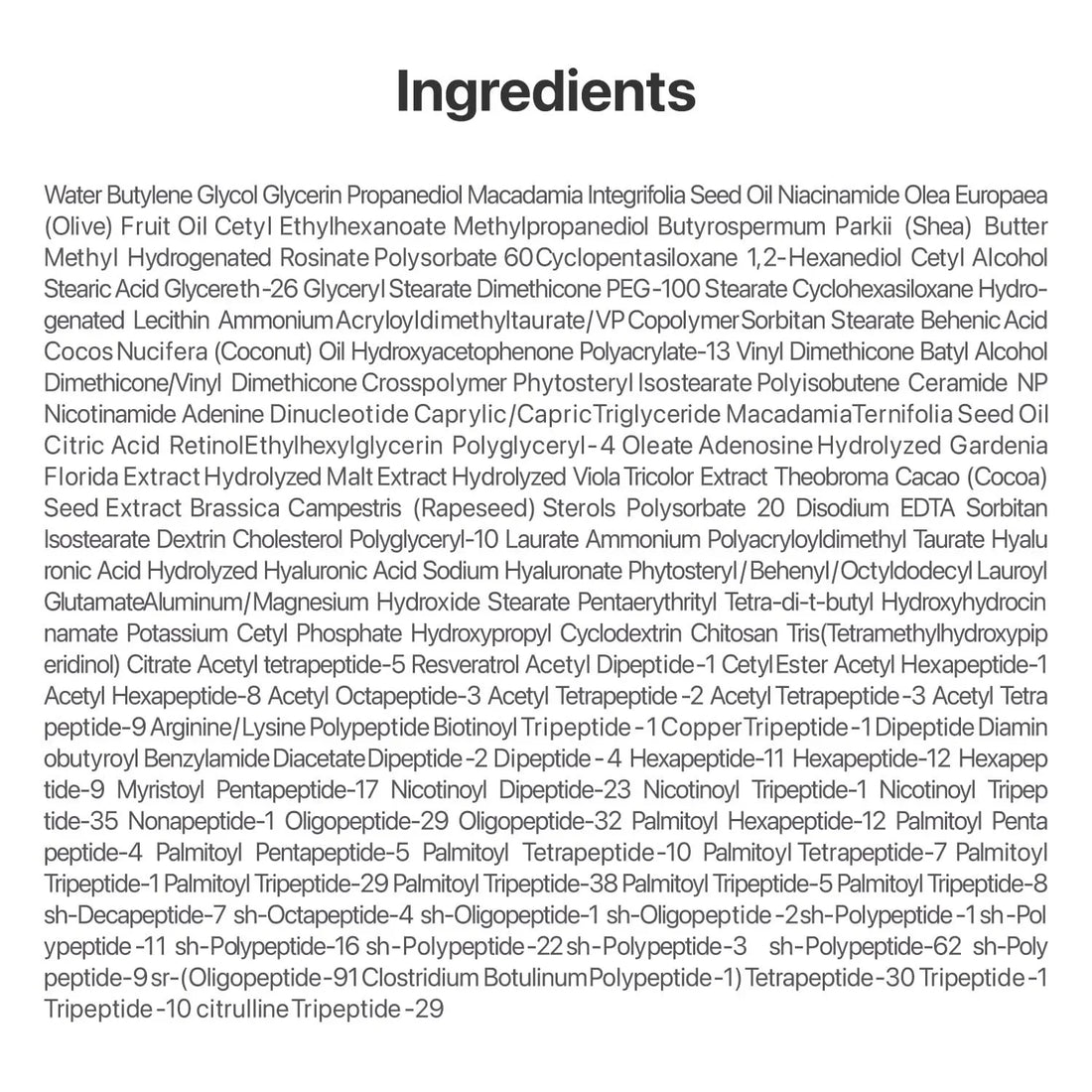 Skincare product ingredients list with hyaluronic acid, peptides, botanical extracts
