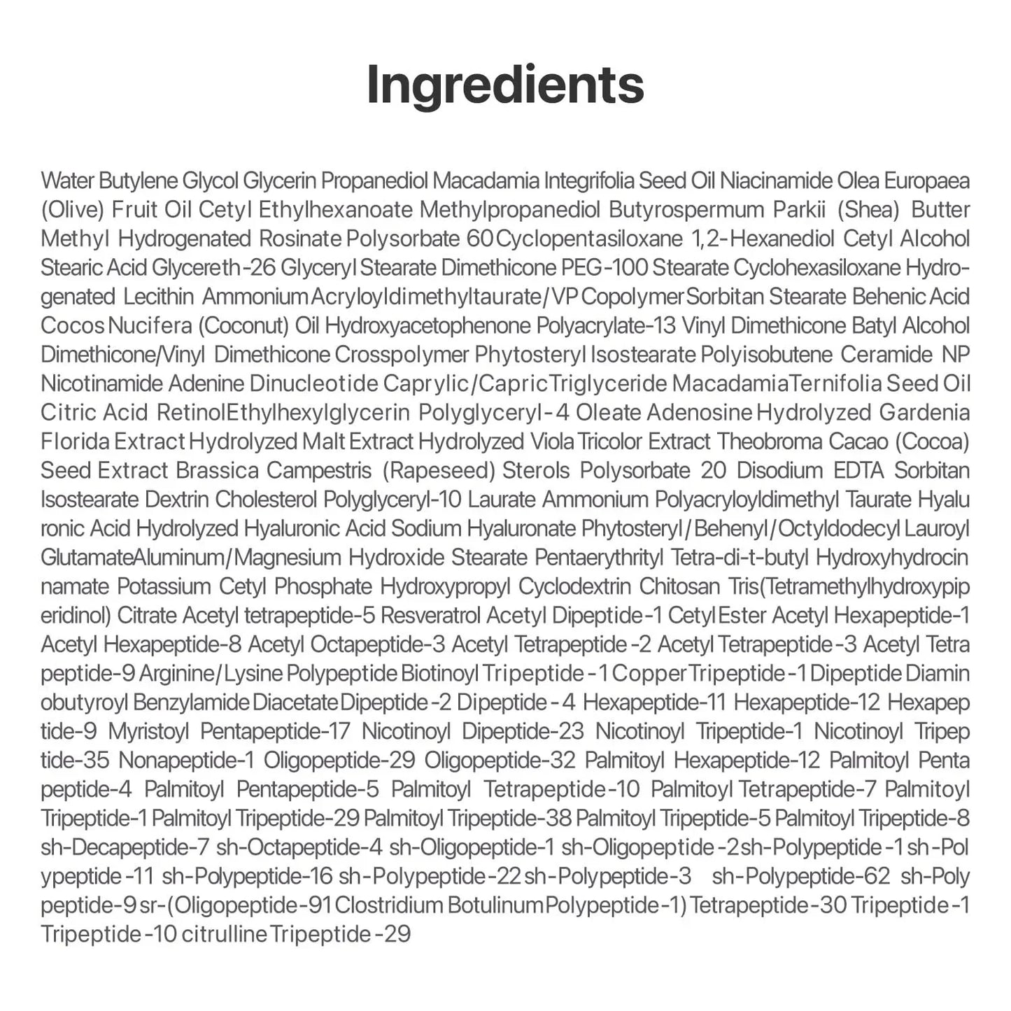 Skincare product ingredients list with hyaluronic acid, peptides, botanical extracts