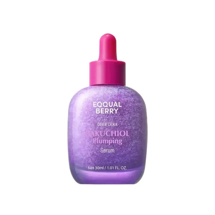 Purple bottle of bakuchiol plumping serum with pink dropper for skincare