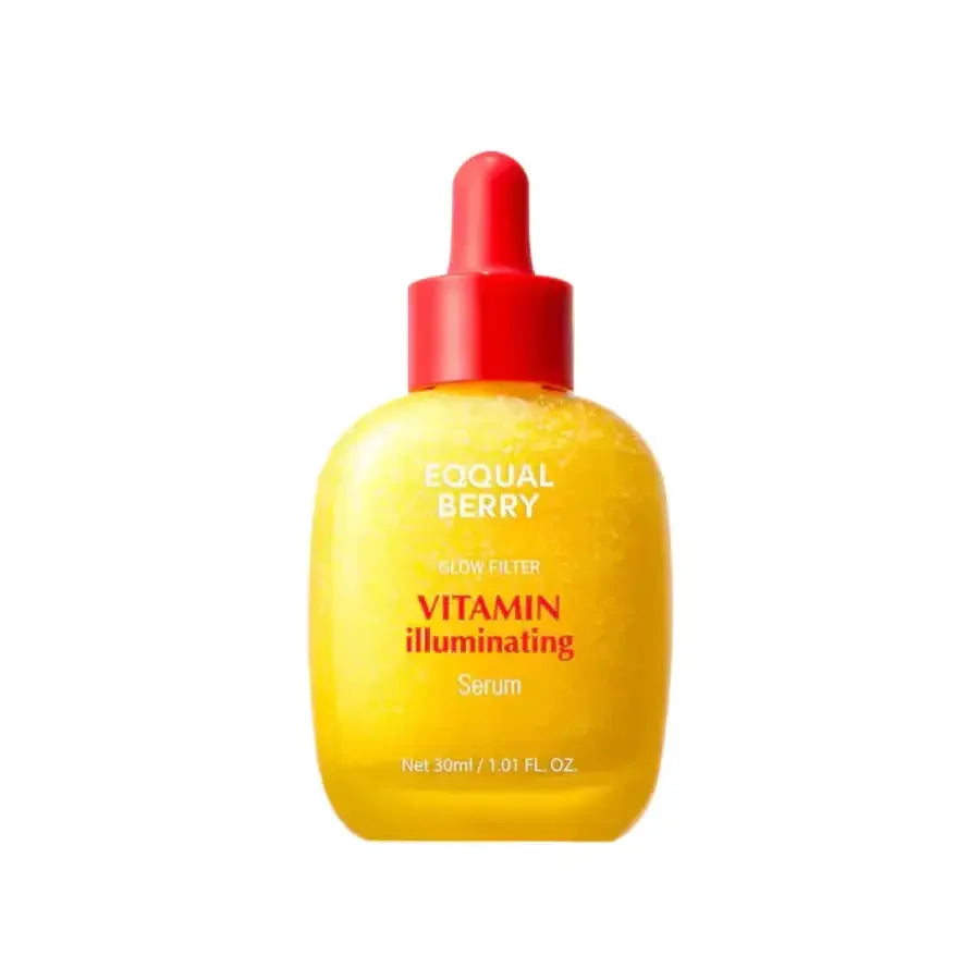 Yellow bottle of Eqquall Berry Vitamin Illuminating serum with red dropper on white background